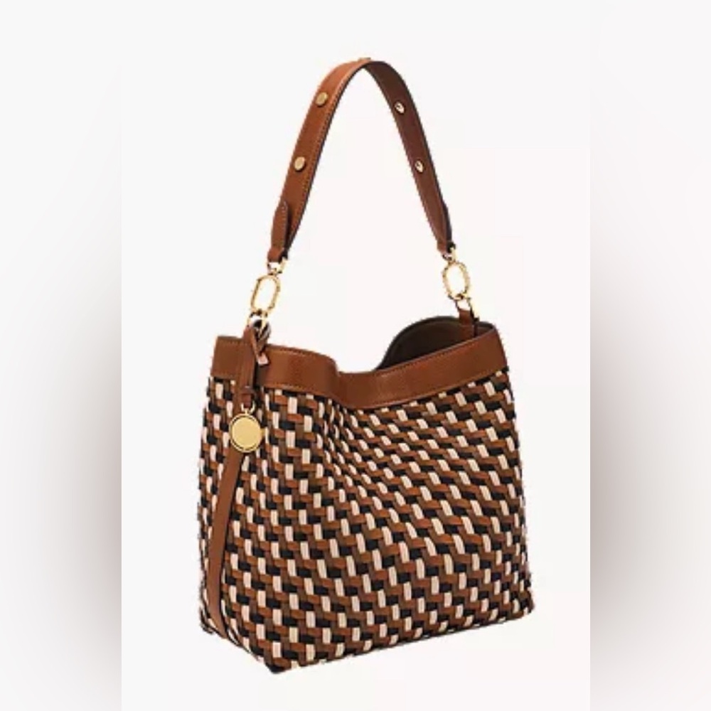 Fossil Jessie Woven Bucket Shoulder Bag in Cream and Tan